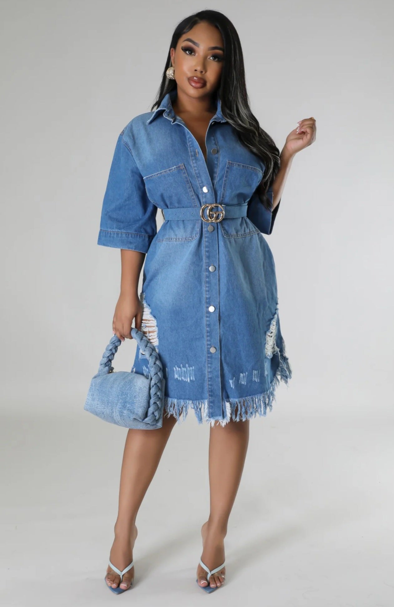 classy denim dress Stretchy Denim Button-Front Dress M
