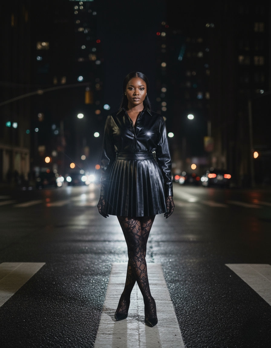 Faux Leather Skirt Set (Black)