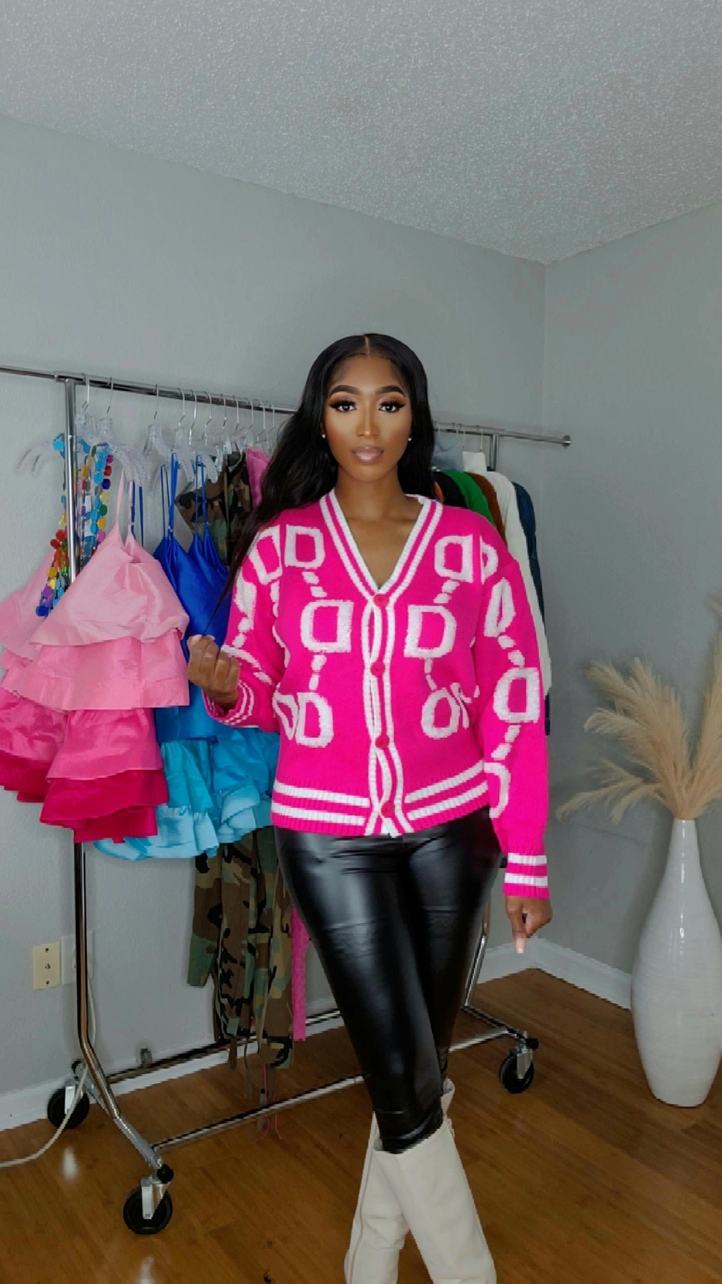 Bombshell Button Up Sweater (Fuschia Pink)