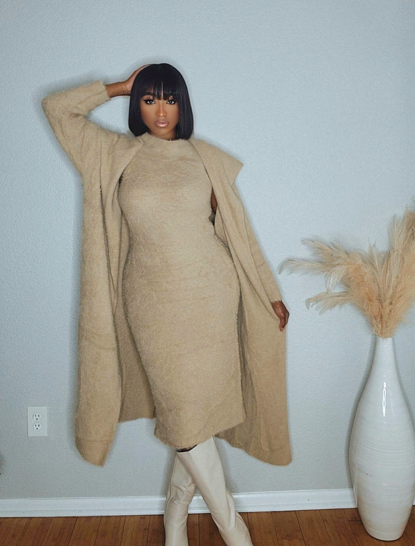 Boss Up Cardigan Dress Set (Taupe)