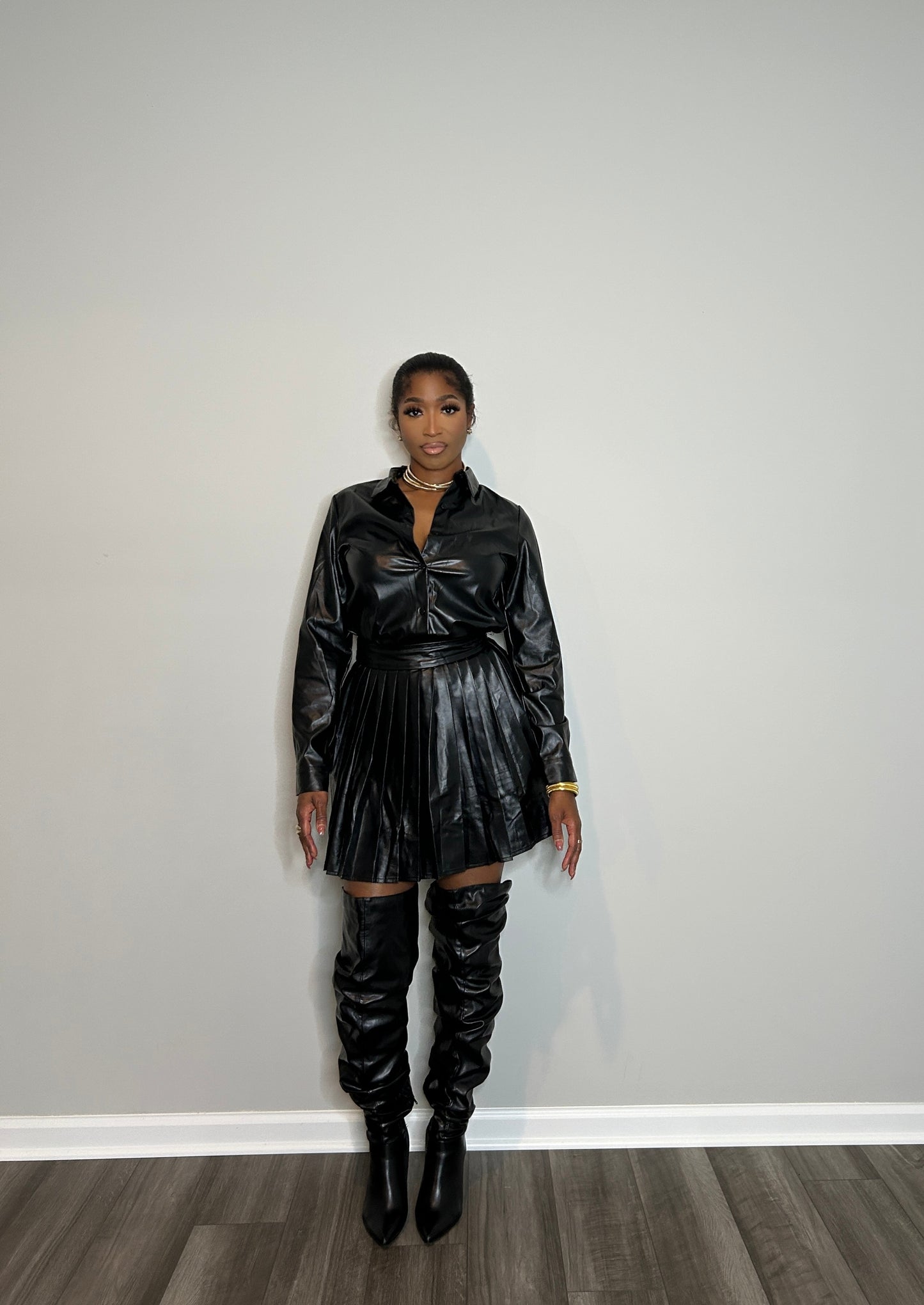 Faux Leather Skirt Set (Black)