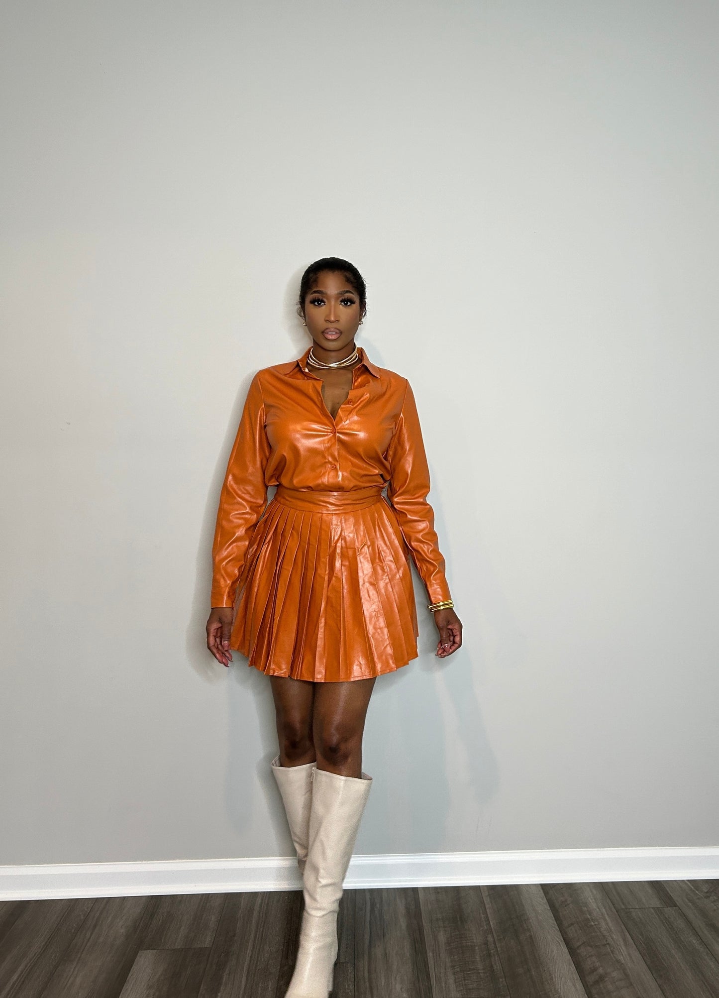 Faux Leather Skirt Set (Burnt Orange)