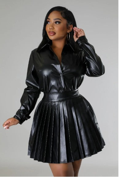 Faux Leather Skirt Set (Black)
